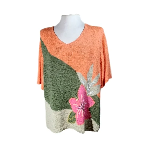 Koret Woman Short Sleeve Knit Blouse Orange Multicolor Plus Size XXL - Picture 2 of 11